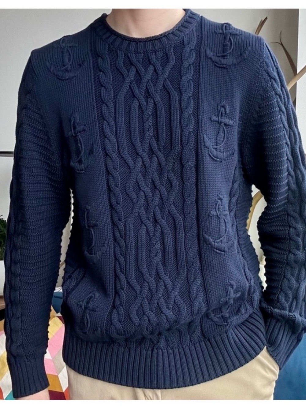 Brooks Brothers Navy Blue Cable Knit Anchor Sweater Size Medium